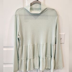 Light Mint Waffle-Knit Peplum Long-Sleeve Top